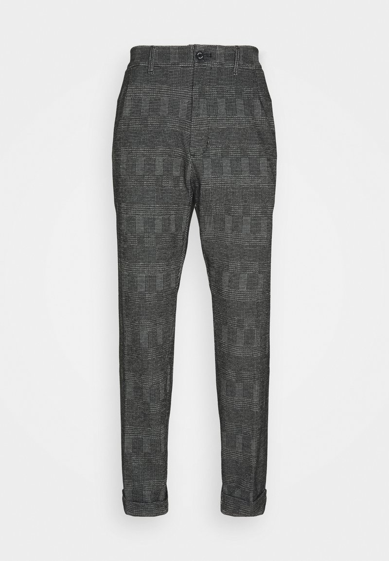 Grau gemusterte Hose mit Karodessin, geraden Beinen, Knopfverschluss und umgeschlagenen Säumen, hergestellt aus strukturiertem Stoff.