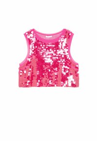 Uten ermer crop topp laget av rosa paljettstoff, med rund hals og en livlig, skinnende overflate med hvite detaljer.