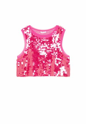 Bezramenný crop top vyrobený z ružovej flitrovanej tkaniny, so zaobleným výstrihom a živou, lesklou povrchovou úpravou s bielymi akcentmi.