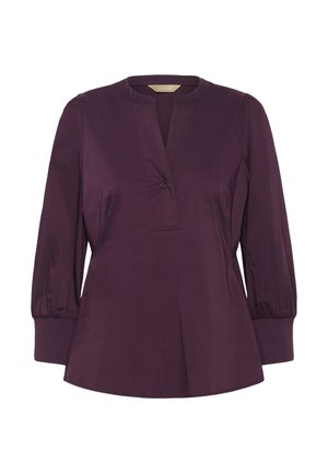 Purple long-sleeve blouse with a round neckline, button detail at the front, and elasticized cuffs. Smooth fabric with a slightly flared shape.