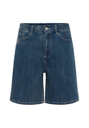 Pantalones cortos de mezclilla azul con botón delantero y cremallera, bolsillos laterales y pequeños, y costuras visibles sobre fondo blanco.