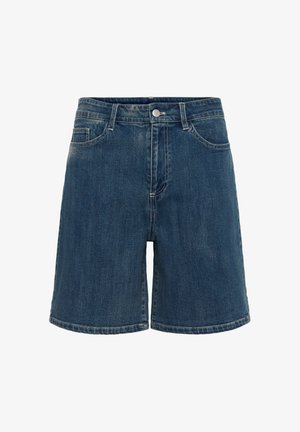 Pantalones cortos de mezclilla azul con botón delantero y cremallera, bolsillos laterales y pequeños, y costuras visibles sobre fondo blanco.