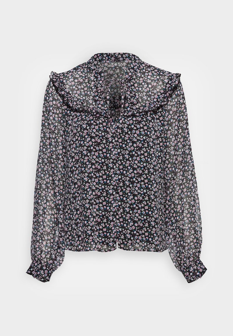 Blouse noire transparente à manches longues avec petits imprimés floraux bleus et roses, col à volants et détail à nouer au cou.