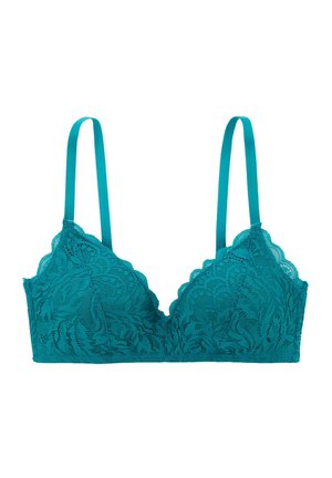 Bralette en dentelle teal avec des bords festonnés et des bretelles ajustables. Présente des motifs floraux et une finition douce et texturée. Sans armature.