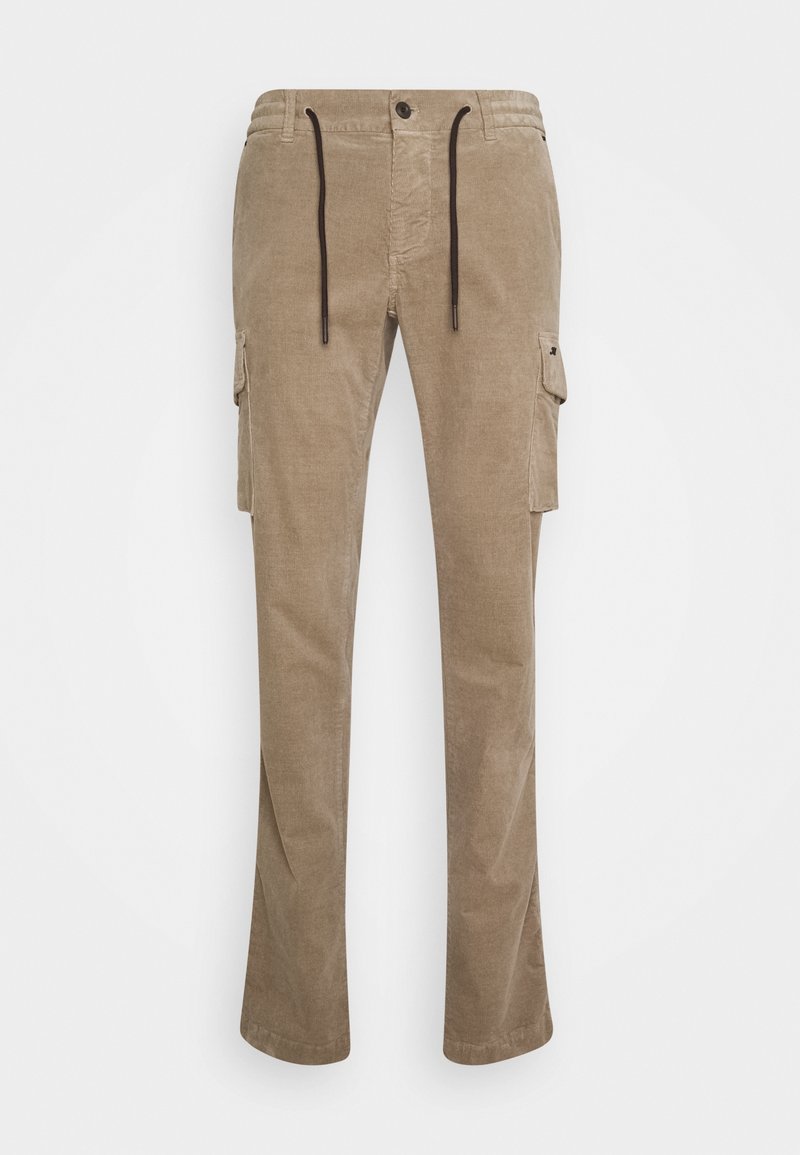 Beige cargo pants made of textured fabric. Features two side pockets, drawstring waistband, and a slight flare at the hem.