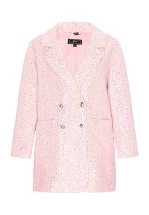 Blazer rosa de doble botonadura con textura de lentejuelas, detalles plateados y dos bolsillos frontales. Presenta solapa con muesca y un ajuste ligeramente oversized.