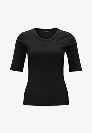 Zwarte geribbelde top met korte mouwen, een ronde halslijn, en een getailleerde pasvorm. Gemaakt van rekbare stof voor comfort en stijl.