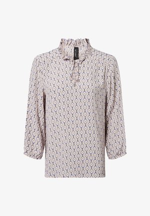Lavender blouse with a ruffled neckline, three-quarter sleeves, and geometric pattern in dark blue and cream, made from lightweight fabric.