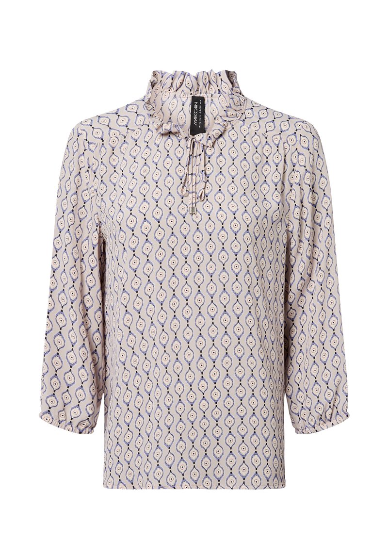 Lavendelbluse mit ruffles am Ausschnitt, Dreiviertelärmeln und geometrischem Muster in Dunkelblau und Creme, aus leichtem Stoff.