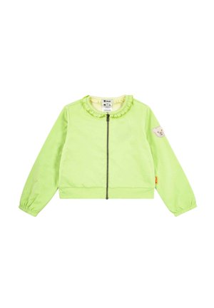 Light green long-sleeve child's jacket with front zipper, ruffled collar, elastic cuffs, and a small teddy bear patch on the left sleeve.
