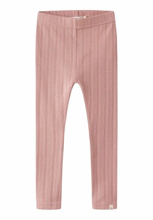 Miękkie różowe legginsy dzianinowe dla maluchów z elastycznym pasem i subtelnymi pionowymi prążkami.