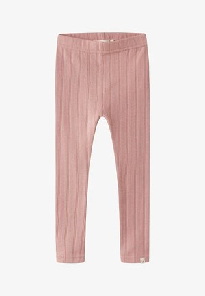 Leggings en maille côtelée rose pâle pour tout-petits, avec une taille élastique et de fines rayures verticales texturées.