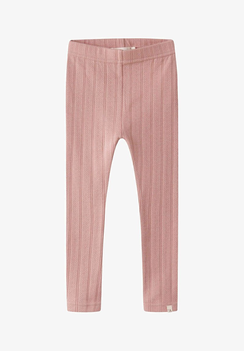 Weiche, rosa, gerippte Strickleggings für Kleinkinder mit elastischem Bund und dezenten, strukturierten vertikalen Streifen.