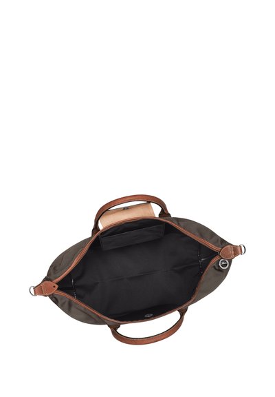 Canvas-Tasche in Olivgrün mit braunen Lederelementen. Verfügt über ein geräumiges schwarzes Innenfach, eine Tasche und stabile Griffe.