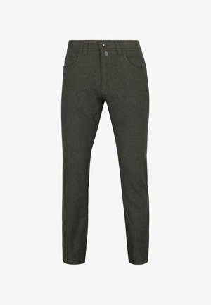 Dark green trousers made from textured fabric. Features a classic five-pocket design, button closure, and a tapered leg.