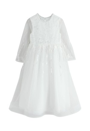 Weißes Mädchenkleid mit langen Ärmeln, Blumenstickerei und transparentem Überzug, ausgestattet mit einem Rundhalsausschnitt und einem ausgestellten Rock.
