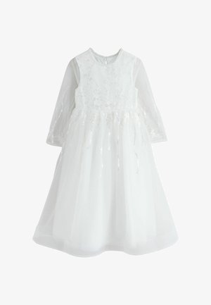 Vestito bianco a maniche lunghe per ragazze con ricamo floreale e sovrapposizione trasparente, caratterizzato da una scollatura rotonda e una gonna svasata.