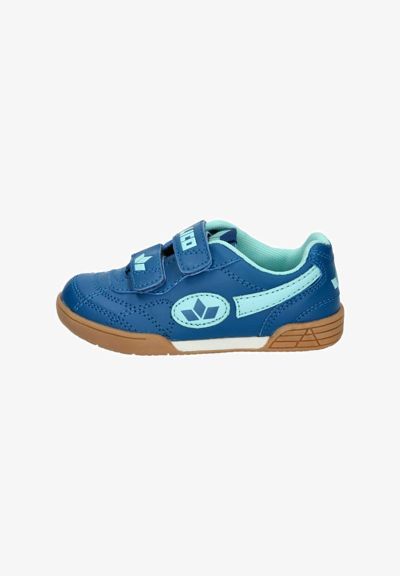 Blue sports shoe with a synthetic upper, two velcro straps, and light blue accents; features a textured brown rubber sole.