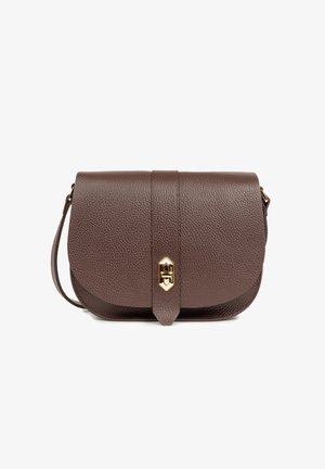 Brown leather crossbody bag with a textured finish, gold hardware, and a front flap closure. Adjustable shoulder strap included.