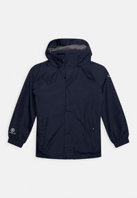Marineblaue wasserdichte Jacke mit Kapuze, elastischen Manschetten, zwei Seitentaschen und einem Logodetail am linken Ärmel. Leichtes und atmungsaktives Material.