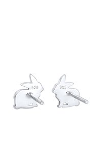 Orecchini a bottone a forma di coniglio in argento sterling con finitura lucida, dotati di marchio "925" per autenticità. Design semplice e curvo.