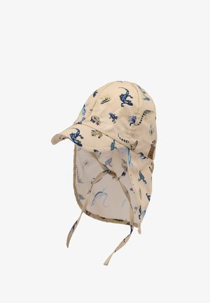 Bežový látkový sluneční klobouk s širokým okrajem, zdobený modro-zelenými vzory ještěrek. Obsahuje límec a nastavitelné popruhy na bradě.
