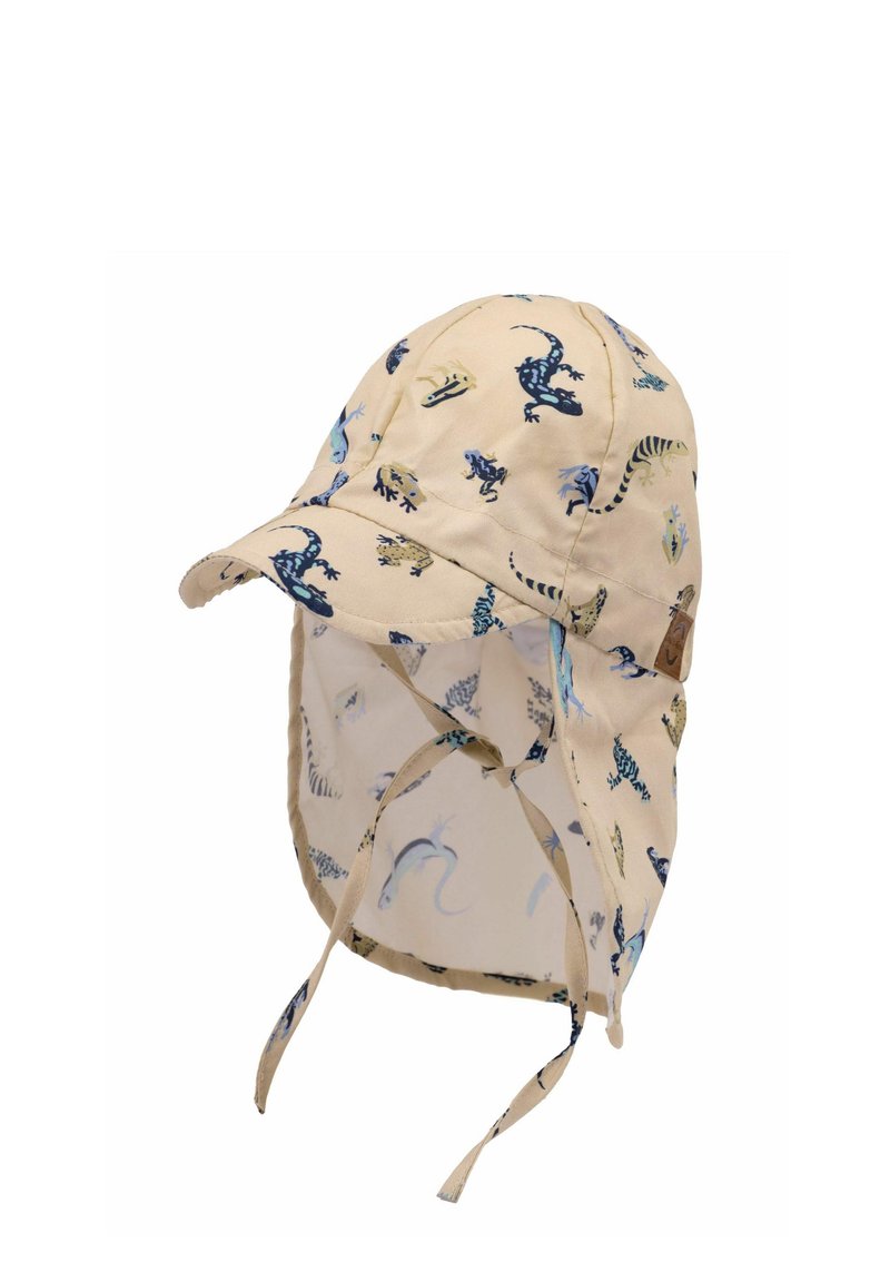 Cappello da sole in tessuto beige con una larga visiera, decorato con motivi di lucertole blu e verdi. Include un lembo per il collo e cinghie per il mento regolabili.