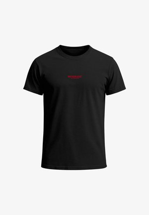 Schwarzes T-Shirt mit kurzen Ärmeln aus Baumwolle, mit rotem Text "NEVERLESS" und "AFTERLIFE", der zentral auf der Brust platziert ist. Klassisches Rundhalsdesign.