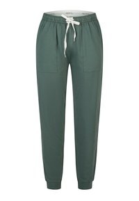 Zelené teplákové kalhoty z měkké látky, s elastickým pasem se šňůrkou, postranními kapsami a zúženými lemy.