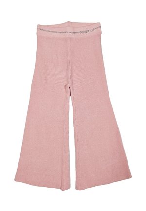 Pantaloni a gamba larga lavorati a maglia rosa con una vita alta, caratterizzati da una sottile cucitura decorativa lungo il bordo superiore.