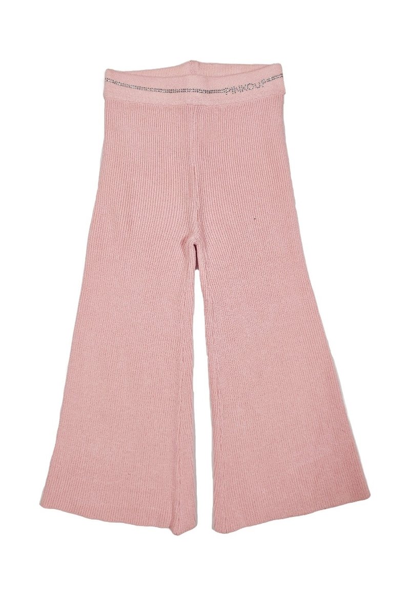 Pantaloni a gamba larga lavorati a maglia rosa con una vita alta, caratterizzati da una sottile cucitura decorativa lungo il bordo superiore.