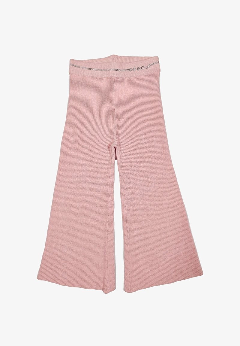 Pantaloni a gamba larga lavorati a maglia rosa con una vita alta, caratterizzati da una sottile cucitura decorativa lungo il bordo superiore.