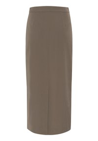 Jupe en crêpe marron, de longueur genou, avec une taille structurée et deux poches avant. Sans fermetures visibles.