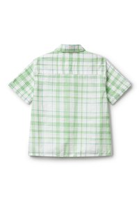 Camicia a maniche corte con bottoni di colore bianco e motivo a quadri verdi, con colletto e dettaglio sulla schiena. Tessuto leggero con una vestibilità casual.