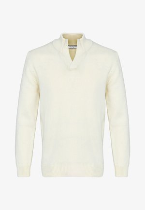 Roomkleurige, langharige gebreide trui met een geribde kraag, manchetten en zoom, met een korte V-halsopening.