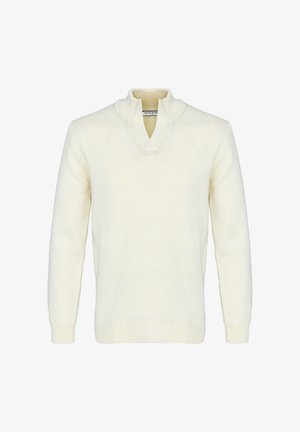 Cremefarbener, langärmeliger Strickpullover mit geripptem Kragen, Bündchen und Saum, mit kurzem V-Ausschnitt.