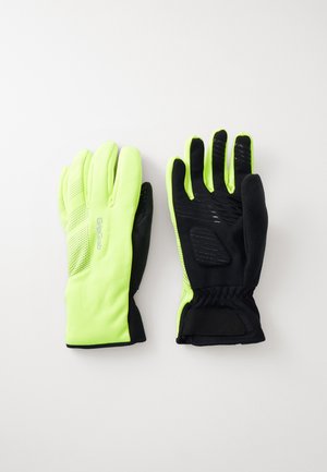 Helle, gelb-grüne Handschuhe mit schwarzen Akzenten; verfügen über einen strukturierten Griff, verstellbaren Bund und ergonomisches Design für erhöhten Komfort.