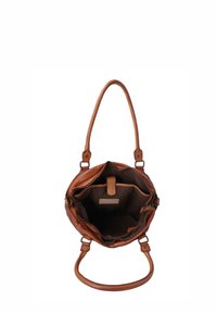 Borsa a mano in pelle marrone con due manici, apertura superiore che mostra l’interno in tessuto scuro con più scomparti e chiusura con cerniera.