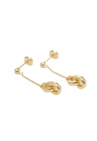 Goldene Ohrringe mit Kettenabwurf, die ein verdrehtes Knotendesign, einen polierten Finish und eine sichere Steckverschluss-Konstruktion aufweisen.