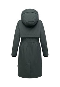 Dark green padded coat with a hood, cinched waist, elastic cuffs, and a back slit; features an embossed logo. Smooth texture, knee-length design.