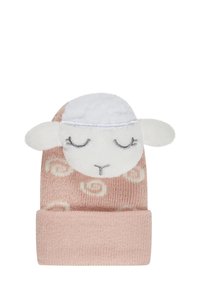 Knitted pink baby hat with a fold-up cuff and a plush sheep design featuring closed eyes, soft white ears, and a textured pattern.