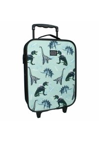 Hartschalentrolley mit mintgrünem Hintergrund, bedruckt mit Dinosaurierillustrationen, schwarzen Akzenten und einem ausziehbaren Griff für einfacheren Transport.