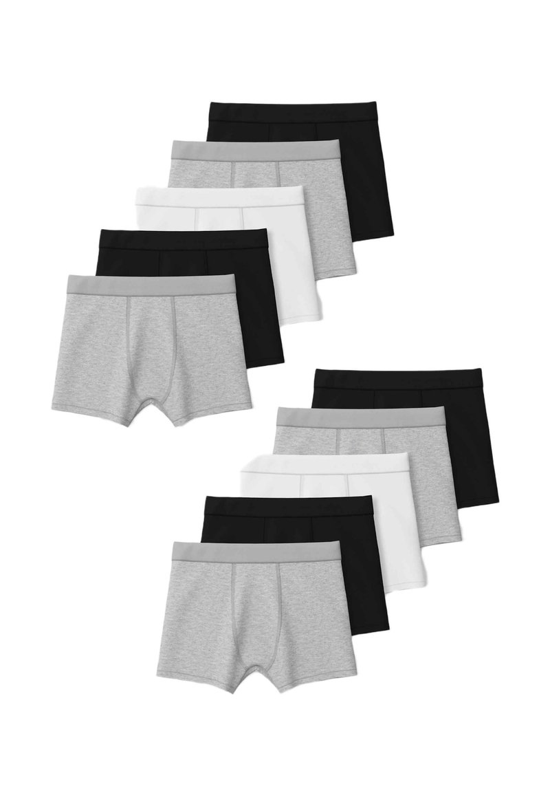 Set med 10 par herrboxershorts i grått, vitt och svart. Material i bomullsblandning med kontrasterande elastiska midjeband.