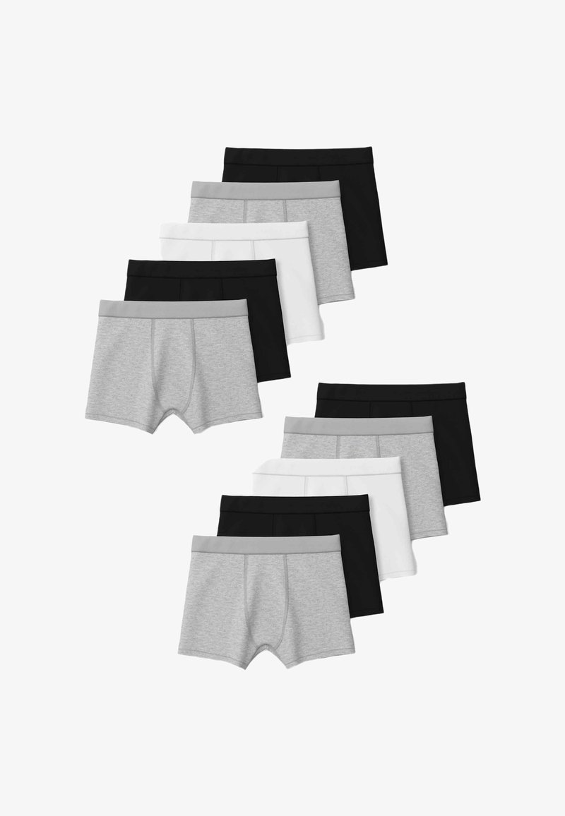Sada 10 párů pánských boxerů v šedé, bílé a černé barvě. Materiál z bavlněné směsi s kontrastními elastickými pásky.
