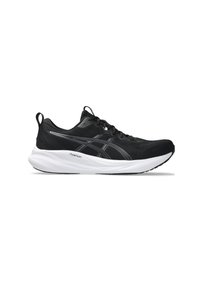 Schwarzer Sportschuh mit Obermaterial aus Netzgewebe, weißer Zwischensohle und Gummisohle. Verfügt über ein schnittiges Design, Schnürsenkel und reflektierende Akzente.