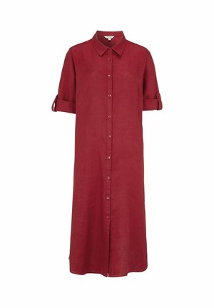 Rød midi-knælang kjole med knapper, korte op-rullede ærmer og spids krave.