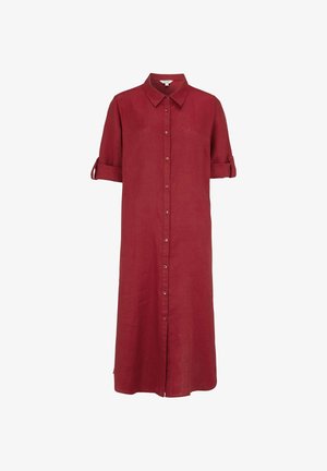 Rød midi-knælang kjole med knapper, korte op-rullede ærmer og spids krave.