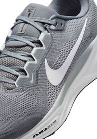 Chaussure de running Nike Air Zoom grise avec logo swoosh blanc, tige en mesh et système de laçage détaillé sur une semelle blanche.