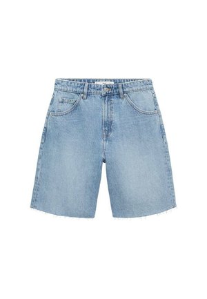 Pantaloni scurți din denim albastru deschis, cu talie înaltă, două buzunare frontale și tiv sfâșiat. Prezintă un design clasic cu hardware minim.