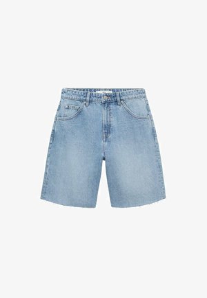 Jasnoniebieskie szorty dżinsowe z wysokim stanem, dwoma przednimi kieszeniami i postrzępionym dołem. Posiadają klasyczny krój z minimalną ilością okuć.